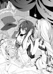  3girls alternate_hairstyle antenna_hair bed bedroom blazblue blazblue_remix_heart blush breasts closed_eyes genderswap greyscale hair_down hairband hairdressing hand_in_another&#039;s_hair hand_in_hair kajun_faycott large_breasts long_hair looking_at_another lying mai_natsume monochrome multiple_girls nightgown on_back open_mouth pillow selenoring shiori_kirihito sitting smile two_side_up very_long_hair 