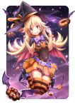  1girl ankle_boots bai_linqin bakemonogatari bat_wings belt blonde_hair boots bracelet cape clenched_teeth double_v doughnut folded_leg food french_cruller grimace halloween halloween_costume hat hat_ribbon highres jewelry jumping kiss-shot_acerola-orion_heart-under-blade layered_dress long_hair looking_at_viewer macaron monogatari_(series) oshino_shinobu ribbon rounded_corners solo star starry_background striped striped_legwear thigh-highs v wings witch_hat yellow_eyes 
