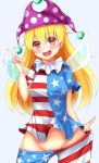  1girl american_flag_legwear american_flag_shirt blonde_hair blue_background blush clownpiece fairy_wings hat head_tilt highres jester_cap long_hair looking_at_viewer no_panties open_mouth pantyhose pantyhose_pull red_eyes short_sleeves simple_background smile solo star striped tokoya touhou v wings 