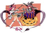  2girls :d dual_persona fang fate/extra fate/extra_ccc fate/grand_order fate_(series) green_eyes hair_ribbon halloween halloween_costume halloween_elizabeth_(fate/grand_order) hat highres horns lancer_(fate/extra_ccc) microphone_stand mochichimochi multiple_girls open_mouth pink_hair pumpkin ribbon smile tail witch_hat 