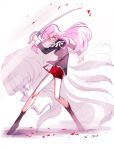  2girls barlee face fighting_stance full_body graphite_(medium) himemiya_anthy long_hair multiple_girls petals pink_hair profile rapier rose_petals shoujo_kakumei_utena signature sword tenjou_utena traditional_media weapon 