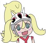  1girl blonde_hair blush commentary_request dot_nose fang grey_eyes gyate_gyate helmet koruni_(pokemon) open_mouth pokemon pokemon_(game) pokemon_xy solo 