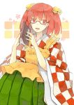  1girl apron bell bespectacled blush book character_name checkered glasses hair_bell hair_ornament itak69 japanese_clothes long_sleeves looking_at_viewer motoori_kosuzu open_book open_mouth red_eyes redhead sitting skirt smile solo touhou twintails wide_sleeves 
