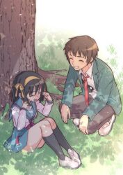  1boy 1girl blazer blue_sailor_collar blue_skirt blush brown_eyes brown_hair brown_pants collared_shirt commentary_request facing_another glass green_jacket grin hair_ribbon hairband highres jacket kita_high_school_uniform knees_up kyon long_sleeves medium_hair necktie open_clothes open_jacket open_mouth outdoors pants pleated_skirt red_necktie red_ribbon ribbon sailor_collar school_uniform serafuku shirt shoes short_hair sitting skirt smile squatting suzumiya_haruhi suzumiya_haruhi_no_yuuutsu taiki_(6240taiki) teeth tongue tree uwabaki white_footwear white_shirt winter_uniform yellow_hairband yellow_ribbon 