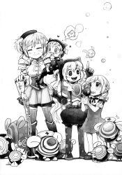  4girls animal_ear_headwear animal_ear_hood animal_ears beanie beret blowing boots bow bowtie bubble bubble_gun bubble_skirt capelet cat_ears charlotte_(madoka_magica) cheese child closed_eyes collared_shirt corset detached_sleeves dot_nose dress drill_hair earflap_beanie eating fake_animal_ears familiar_(madoka_magica) fingerless_gloves fingernails flower flower_hairpin food frilled_skirt frills fur-trimmed_capelet fur_trim gloves greyscale gun hair_flower hair_ornament hair_through_headwear hair_through_hood happy hat hat_feather heart high_collar highres holding holding_baby holding_food holding_gun holding_weapon hood hood_up knee_boots light_blush long_hair long_sleeves magical_girl magical_musket mahou_shoujo_madoka_magica mahou_shoujo_madoka_magica:_hangyaku_no_monogatari mahou_shoujo_madoka_magica_(anime) mary_janes midriff miniskirt momoe_nagisa monochrome multiple_girls navel nervous notice_lines onesie pantyhose pinafore_dress pleated_skirt pocket pointing pointing_up polka_dot_footwear pom_pom_(clothes) puffy_long_sleeves puffy_short_sleeves puffy_sleeves pyotr_(madoka_magica) ringed_eyes shadow shirt shoes short_dress short_sleeves silverxp simple_background skirt sleeveless sleeveless_dress speech_bubble spoken_food standing striped_clothes striped_thighhighs suspender_skirt suspenders tareme tearing_up thigh-highs thigh_boots third-party_source thought_bubble time_paradox tomoe_mami twin_drills two_side_up vertical-striped_clothes vertical-striped_thighhighs very_long_hair waist_bow wavy_hair weapon white_background zettai_ryouiki 