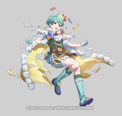  1boy blue_hair cape crown fire_emblem fire_emblem:_the_blazing_blade fire_emblem_heroes full_body gloves grey_background light_blue_hair male_focus mikurou_(nayuta) nils_(fire_emblem) nils_(halloween)_(fire_emblem) official_art open_mouth red_eyes short_hair simple_background smile solo white_gloves 