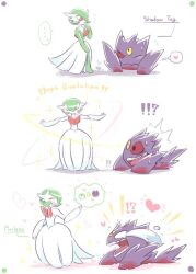  !? ... blush bob_cut closed_eyes colored_skin dress elbow_gloves gardevoir gengar ghost gloves green_hair green_skin hair_over_one_eye heart mega_evolution mega_gardevoir mega_gengar mega_pokemon multicolored_skin pink_eyes pokemon pokemon_(creature) red_eyes shishiko_(dlion0000) simple_background speech_bubble tears third_eye thought_bubble two-tone_skin white_background white_dress white_gloves white_skin 
