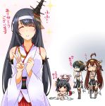  4girls =_= ^_^ adjusting_glasses ahoge biting black_hair brown_eyes brown_hair budget_sarashi closed_eyes detached_sleeves double_bun enemy_aircraft_(kantai_collection) fusou_(kantai_collection) glasses hair_ornament hairband headband kantai_collection kirishima_(kantai_collection) kongou_(kantai_collection) kuon_(nokokopopo) long_hair multiple_girls nontraditional_miko pleated_skirt sarashi shinkaisei-kan short_hair skirt smile sparkle torn_clothes translation_request triangle_mouth v yamashiro_(kantai_collection) 