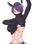  1girl abs amino_(tn7135) breasts eyepatch kantai_collection midriff mouth_covered muscle navel purple_hair short_hair simple_background tenryuu_(kantai_collection) turtleneck upper_body white_background yellow_eyes 