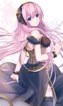  1girl 2015 armlet artist_name belt black_dress black_legwear blue_eyes dress felicia-val headphones highres light_smile long_hair looking_at_viewer megurine_luka megurine_luka_(vocaloid4) pink_hair side_slit simple_background sleeveless sleeveless_dress solo thigh-highs very_long_hair vocaloid white_background 