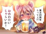  1girl alcohol animal_ears beer beer_can blurry blush capelet drunk facing_viewer grey_hair jewelry lampion mouse_ears nazrin pendant red_eyes short_hair sitting solo table touhou yuzumania 