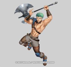  1boy armor axe brown_footwear copyright_notice dieck_(fire_emblem) fire_emblem fire_emblem:_the_binding_blade fire_emblem_heroes green_eyes green_hair grey_background grey_pants holding holding_axe male_focus mikurou_(nayuta) muscular muscular_male official_art open_mouth pants pauldrons shoulder_armor simple_background single_pauldron solo 