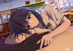  1girl absurdres ahoge arm_pillow blue_bow blue_bowtie blue_eyes blue_hair bow bowtie classroom closed_mouth collared_shirt head_on_table head_rest highres indoors k2s looking_at_viewer make_heroine_ga_oo_sugiru! medium_hair shirt short_sleeves signature solo summer_uniform white_shirt yanami_anna yellow_bow yellow_bowtie 