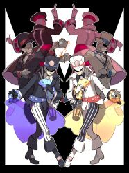  2boys alternate_costume arm_across_waist arm_up ascot asymmetrical_clothes asymmetrical_legwear belt black_border black_bow black_bowtie black_coat black_hat black_pants black_suit black_vest blue_belt blue_ribbon blue_sleeve_cuffs blue_trim border bow bowtie brothers closed_mouth coat collared_shirt commentary_request covered_eyes cup dress_shirt drink emmet_(pokemon) emmet_(special_costume)_(pokemon) emmet_(sygna_suit)_(pokemon) fashion floating_clothes frilled_sleeves frills frown gloves grey_vest hand_on_own_chest hat highres holding holding_cup holding_teapot index_finger_raised ingo_(pokemon) ingo_(special_costume)_(pokemon) ingo_(sygna_suit)_(pokemon) jacket korean_commentary lantern lapels layered_clothes layered_sleeves lifting_own_clothes long_sleeves male_focus multiple_boys multiple_views neck_ribbon obscured_eyes official_alternate_costume outstretched_arm panties pants parted_lips peaked_cap pointing pointing_down pointing_up pokemon pokemon_bw pokemon_masters_ex pouring red_belt red_ribbon red_sleeve_cuffs red_trim redlhzz ribbon see-through_clothes shirt short_hair siblings sideburns skirt sleeve_cuffs smile standing striped_clothes striped_panties striped_pants suit suit_jacket tea teapot top_hat twins underwear vertical-striped_clothes very_short_hair vest white_background white_bow white_bowtie white_coat white_gloves white_hair white_hat white_jacket white_shirt white_suit wide_sleeves wing_collar 