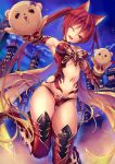  1girl ;d animal_ears armor armpits ass_visible_through_thighs bikini_armor boots bow bowtie breasts breasts_apart building cape cerberus_(shingeki_no_bahamut) choker city dog_ears fukai_ryousuke gauntlets gloves long_hair midriff navel night night_sky one_eye_closed one_leg_raised open_mouth red_eyes redhead shingeki_no_bahamut short_hair sky smile solo standing_on_one_leg star_(sky) starry_sky thigh-highs thigh_boots twintails 