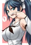 1girl ? aqua_eyes blue_hair breasts detached_sleeves fang finger_in_mouth from_side hair_ribbon isuzu_(kantai_collection) kantai_collection long_hair looking_at_viewer minarai_zouhyou open_mouth ribbon school_uniform serafuku solo spoken_question_mark twintails upper_body 