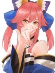  1girl amino_(tn7135) animal_ears bare_shoulders bow caster_(fate/extra) detached_sleeves fate/extra fate_(series) fox_ears fox_shadow_puppet hair_bow japanese_clothes pink_hair solo twintails upper_body yellow_eyes 