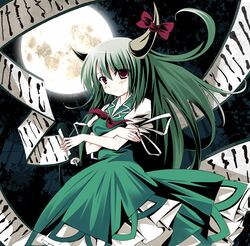  azuma_kurume ex_keine green_hair horns kamishirasawa_keine kurume_shou long_hair moon red_eyes scroll touhou 