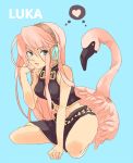  bad_id bird flamingo heart kneeling long_hair megurine_luka midriff navel pink_hair skirt smile tama_._kogifu vocaloid 