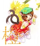  animal_ears bad_id brown_eyes brown_hair cat_ears cat_tail chen earrings fingernails floral_background hat jewelry kaze_tsuyu_tsuchi_ryuu long_fingernails multiple_tails nail_polish open_mouth short_hair smile tail thigh-highs thighhighs touhou zettai_ryouiki 