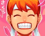  11_(?-pon3rd) :d character_name cherry_blossoms close-up closed_eyes face grin gums hachimaki headband kasugano_sakura open_mouth orange_hair pink_background sakura sakura_kasugano short_hair smile solo street_fighter teeth 