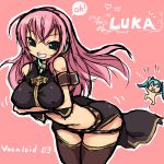  bad_id breast_envy breasts grin hatsune_miku headphones imazon large_breasts long_hair megurine_luka midriff pink_hair side_slit smile thighhighs vocaloid wide_hips 
