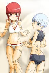  azuma_doguu blue_eyes blue_hair busou_shinki doll_joints fubuki_(busou_shinki) lying mizuki_(busou_shinki) on_back red_eyes red_hair redhead swimsuit 