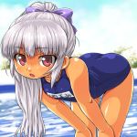  bent_over blush child dd_(artist) hair_ribbon long_hair ocean one-piece_swimsuit os pink_eyes ribbon school_swimsuit silver_hair swimsuit 