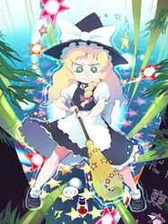  11_(?-pon3rd) \(^o^)/ bamboo bamboo_forest blonde_hair braid broom danmaku emoticon forest green_eyes hakurei_reimu hat kirisame_marisa long_hair nature star star-shaped_pupils symbol-shaped_pupils touhou witch_hat 