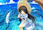  blue_eyes book cloud clouds dress feathers feet_in_water hat kousaka_chihaya long_hair natsuzora_kanata sitting soaking_feet solo water yuku_(kiollion) 