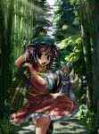  bad_id bamboo bamboo_forest chen forest hidebo multiple_girls nature short_hair sunlight thighs touhou yakumo_ran 