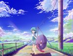  :p blue_hair cloud clouds fence geta hasebe_yu heterochromia karakasa karakasa_obake red_eyes sandals short_hair sky solo tatara_kogasa telephone_pole tongue touhou umbrella 