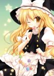  blush braid candy cover hat kirisame_marisa licking lollipop long_hair miyasu_risa ribbon shaped_lollipop skirt_basket star touhou wink witch_hat yellow_eyes 