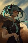  aqua_eyes aqua_hair bespectacled can cloud earrings glasses hands hatsune_miku jewelry lips long_hair nail_polish necktie red-framed_glasses ring sky solo t-shirt takuma_(largetakumamover) twintails vocaloid wind 