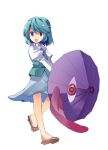  :p blue_eyes blue_hair geta hasebe_yu heterochromia karakasa_obake red_eyes sandals short_hair solo tatara_kogasa tongue touhou umbrella 