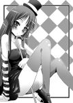  1girl akiyama_mio arino_hiroshi bangs blunt_bangs blush cane checkered don&#039;t_say_&quot;lazy&quot; don&#039;t_say_lazy hat hime_cut k-on! mini_top_hat monochrome solo thigh-highs thighhighs top_hat 