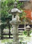  misawa_hiroshi no_humans original scenery shrine stone_lantern traditional_media watercolor watercolor_(medium) 