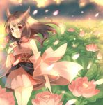  detached_sleeves flower hanokage horns naga_(staygarden) petals red_eyes ryuujin_naga smile solo wind 