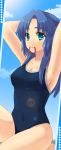  armpits asakura_ryouko blue_eyes blue_hair competition_swimsuit highres kawachi_(ky3550) ky3550 long_hair mouth_hold one-piece_swimsuit suzumiya_haruhi_no_yuuutsu swimsuit 