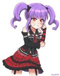  1girl bang_dream! bangs blunt_bangs chains closed_mouth dress eyebrows_visible_through_hair grin hairband hand_on_own_elbow highres long_sleeves looking_at_viewer nan0teck necktie off_shoulder plaid plaid_skirt purple_hair red_eyes red_neckwear simple_background skirt smile smug solo standing twintails twitter_username udagawa_ako upper_body v v-shaped_eyebrows white_background 