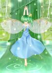  1girl armpits arms_up bow breasts cleavage clenched_hand closed_eyes daiyousei green_hair hair_bow head_tilt highres light_particles no_mouth ochakan ripples short_hair side_ponytail solo stone_wall tiptoes touhou tree vines wall water 