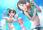  3girls ;d ;o akagi_miria bikini black_hair blonde_hair blue_sky braid clouds commentary_request day idolmaster idolmaster_cinderella_girls midriff multiple_girls navel one_eye_closed open_mouth outdoors partially_underwater_shot pettan_p sakurai_momoka short_hair sky smile swimsuit tachibana_arisu two_side_up wading water water_gun 