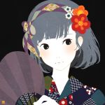  fan flower grey_hair hairband headband japanese_clothes kimono original pale_skin sakamoto_himemi yukata 