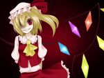  flandre_scarlet grin hair_over_one_eye hat looking_at_viewer ponytail red_eyes shaded_face shimizu_kokeshi short_hair side_ponytail slit_pupils smile solo touhou wings 