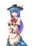 blue_hair colored_eyelashes crossed_arms food fruit hat highres hinanawi_tenshi long_hair peach red_eyes simple_background smile solo sukocchi touhou 