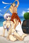  beach bikini blue_eyes breasts cleavage food front-tie_top fruit highres large_breasts monster_hunter open_mouth sato_ashu short_hair side-tie_bikini silver_hair smile swimsuit watermelon 