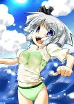  konpaku_youmu shirt smile swimsuit swimsuit_under_clothes tankini tied_shirt touhou water wet_clothes wet_shirt 