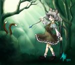  cat_tail chen forest grey_hair jewelry madkoifish mouse_ears mouse_tail multiple_tails nature nazrin pendant red_eyes short_hair tail touhou 