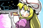  blonde_hair blue_eyes bokosuka_wars famicom gloves looking_back open_mouth playing_games sketch solo television touhou tsuki_wani video_game yakumo_yukari 