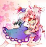  animal_ears barefoot blush bunny_ears carrot fujiwara_no_mokou hat hug kamishirasawa_keine koro_(artist) mouth_hold multiple_girls rabbit_ears surprised touhou 